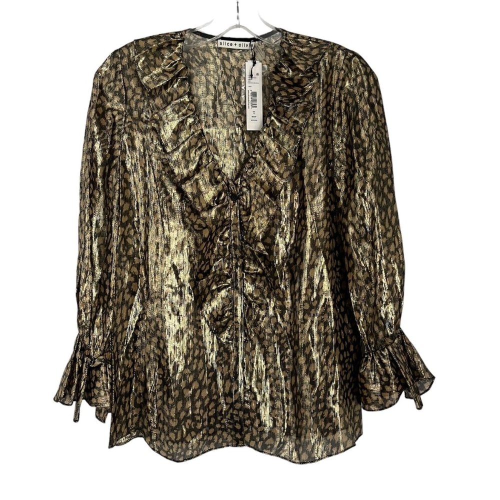 Alice + Olivia Elliott Black Gold Silver Metallic Ruffle Trim Blouse Small S